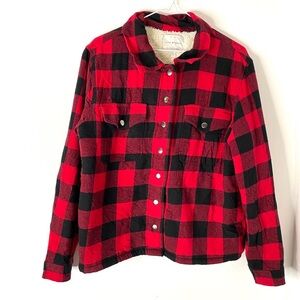 Lucky Brand Plaid Snap Front Sherpa Lined Jacket Shirt Jacket Red Black
